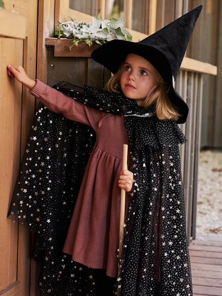 Glittery Cape + Wand black+WHITE LIGHT SOLID WITH DESIGN 