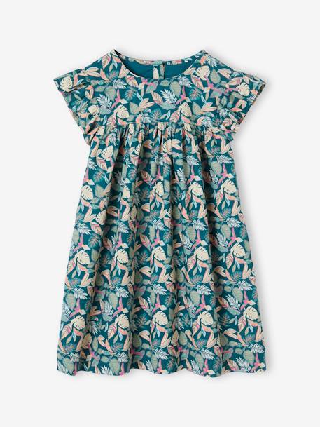 Ruffled, Short Sleeve Dress with Prints, for Girls ecru+fir green+pale pink 