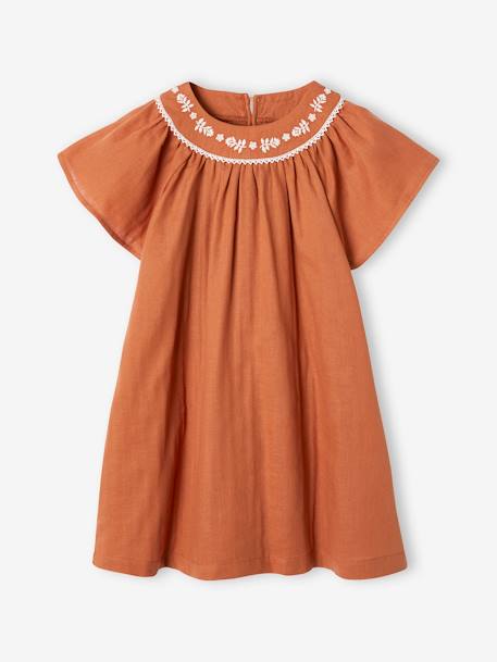 Embroidered Dress in Linen-Effect Fabric for Girls caramel 