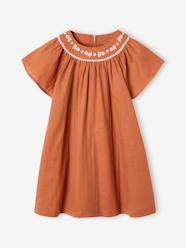 Embroidered Dress in Linen-Effect Fabric for Girls