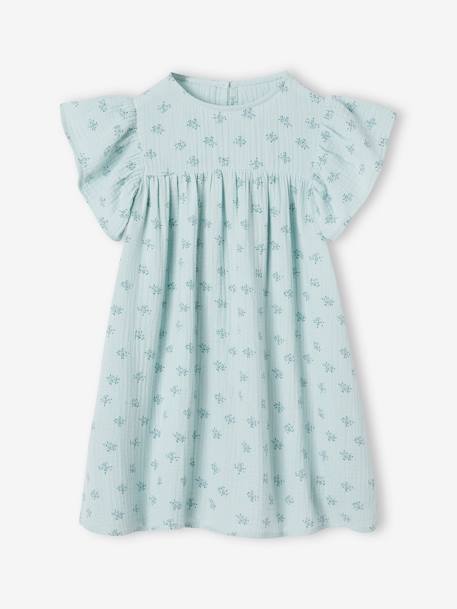 Cotton Gauze Dress with Floral Print, for Girls ecru+grey blue+rose 