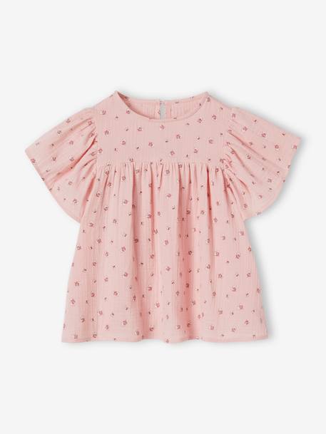 Blouse in Printed Organic Cotton Gauze with Butterfly Sleeves for Girls ecru+rose 