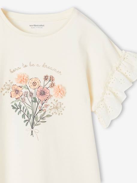 T-Shirt with Bouquet in Relief & Embroidered Sleeves for Girls vanilla 