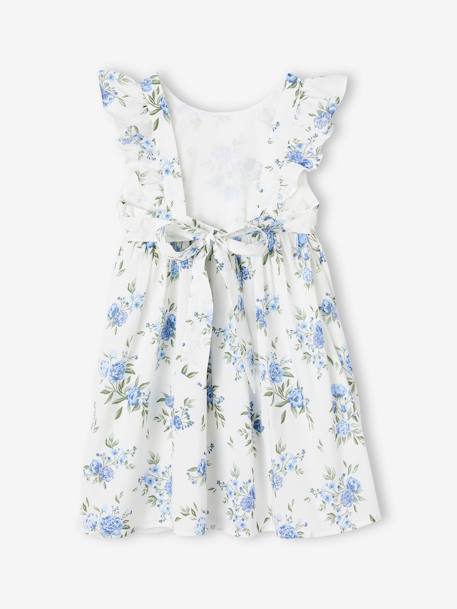 Frilly Occasion Wear Dress with Flower Motifs for Girls printed blue+vanilla 
