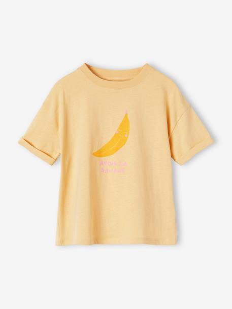 T-Shirt with Pop Motif, Short Turn-Up Sleeves, for Girls apricot+pale yellow 