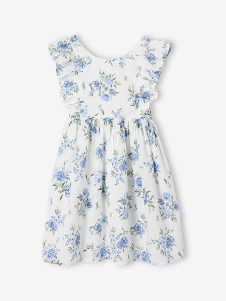 Frilly Occasion Wear Dress with Flower Motifs for Girls printed blue+vanilla 