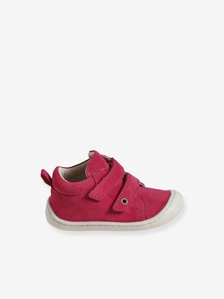 Pram Shoes in Soft Leather, Hook&Loop Strap, for Babies, Designed for Crawling bordeaux red+fuchsia+pale yellow+rose 