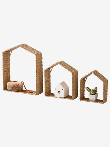 Set of 3 House-Shaped Shelves in Wicker beige 