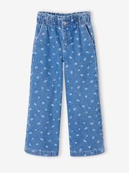 Girls-Wide-Leg Paperbag Jeans with Flower Motifs for Girls