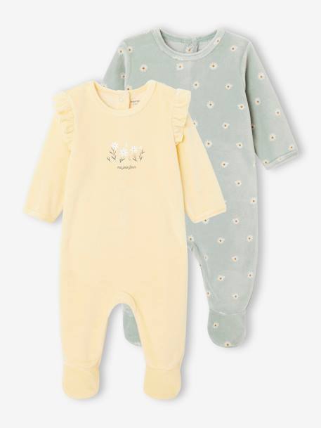 Pack of 2 Velour Sleepsuits for Babies pale yellow 