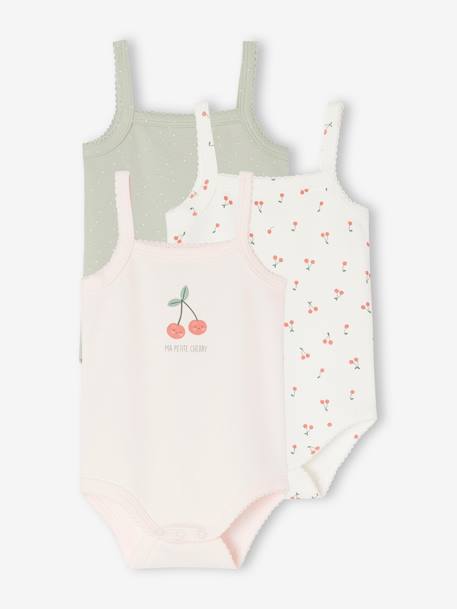 Pack of 3 Cherries Bodysuits in  Organic Cotton with Fine Straps for Babies pale pink 