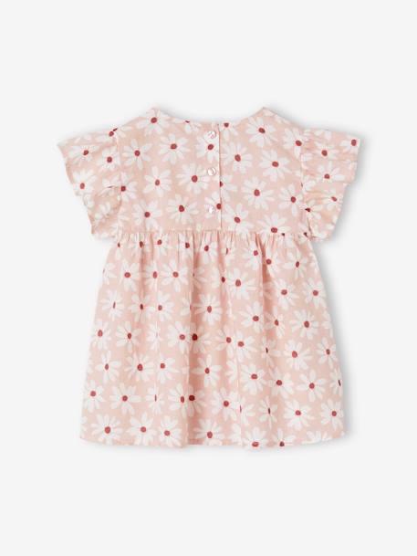 Blouse with Flower Motifs & Short Ruffled Sleeves for Girls pale pink+printed orange 
