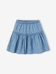 Girls-Light Denim Skirt with Embroidered Cherries, for Girls