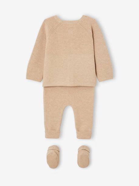 3-Piece Knitted Ensemble: Cardigan, Trousers & Booties for Newborn Babies marl beige 