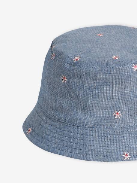 Denim Bucket Hat with Embroidered Flowers, for Baby Girls denim blue 