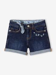 Girls-Denim Shorts with Floral Print & Embroidered Bow, for Girls