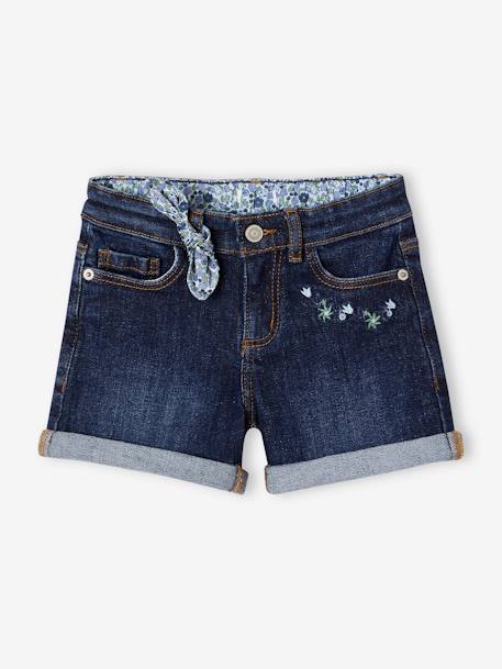 Denim Shorts with Floral Print & Embroidered Bow, for Girls brut denim+double stone 