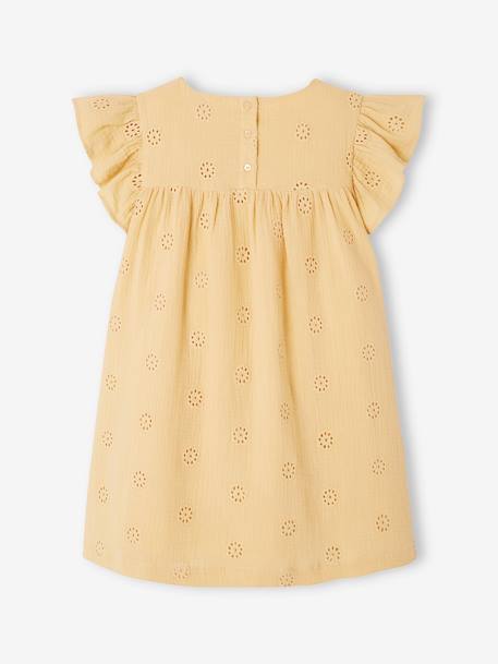 Cotton Gauze Dress with Embroidered Flowers, for Girls pale blue+pastel yellow+rosy+vanilla 