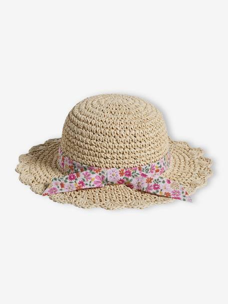 Crochet-Effect Straw-Like Hat with Printed Ribbon for Girls pale pink 