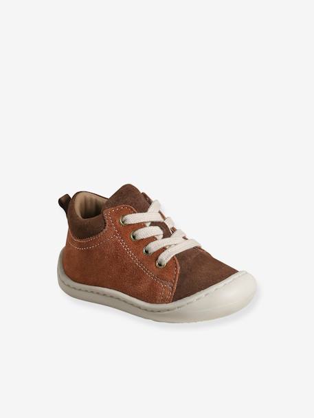 Pram Shoes in Soft Leather, with Laces, for Babies, Designed for Crawling ginger+set brown+white 