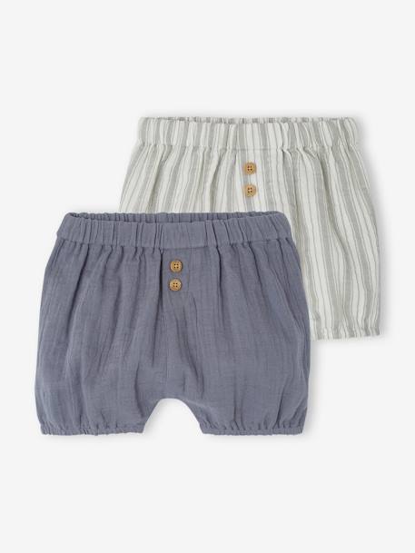 Pack of 2 Cotton Gauze Shorts for Babies ecru+grey blue 