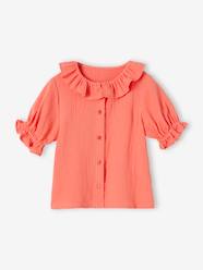 -Blouse in Cotton Gauze with Frilled Collar, for Girls