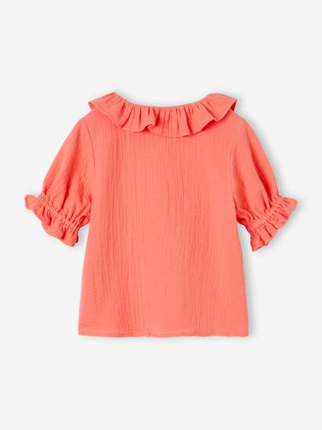 Blouse in Cotton Gauze with Frilled Collar, for Girls coral+ecru 