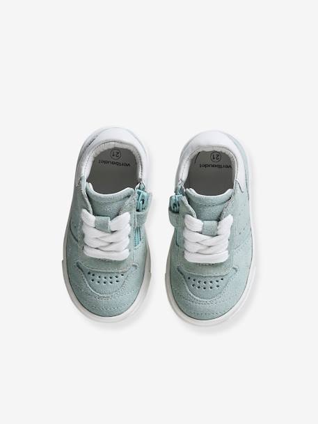 Leather Trainers with Laces & Zip, for Babies turquoise 