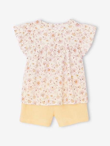 Blouse with Flowers & Cotton Gauze Shorts Combo for Girls pastel yellow+vanilla 