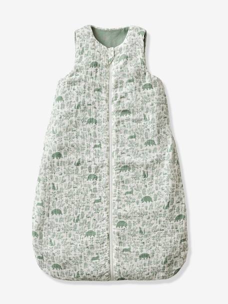 Sleeveless Baby Sleeping Bag with Middle Opening, In the Woods printed green 
