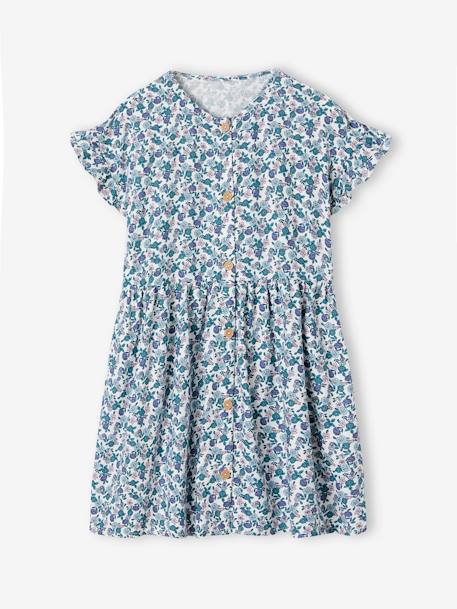 Buttoned Dress with Flowers for Girls azure+blue+ecru+navy blue 