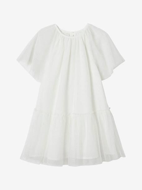 Occasion Wear Dress with Glittery Tulle & Butterfly Sleeves for Girls ecru+rose beige 