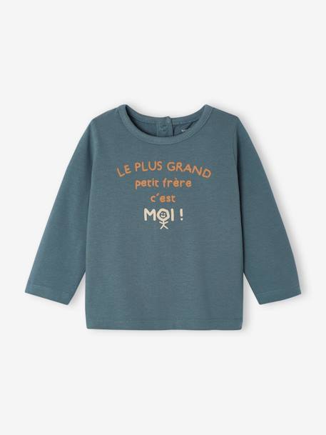 Long Sleeve Top with Message, for Babies peacock blue+White 