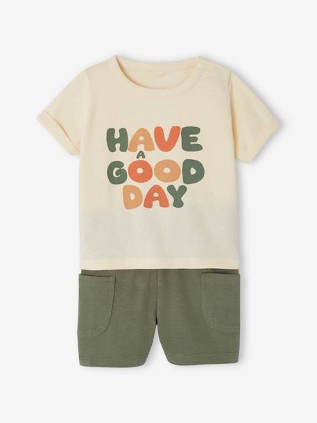 T-Shirt with Motif + Baggy Shorts Combo for Babies khaki+WHITE LIGHT SOLID WITH DESIGN 