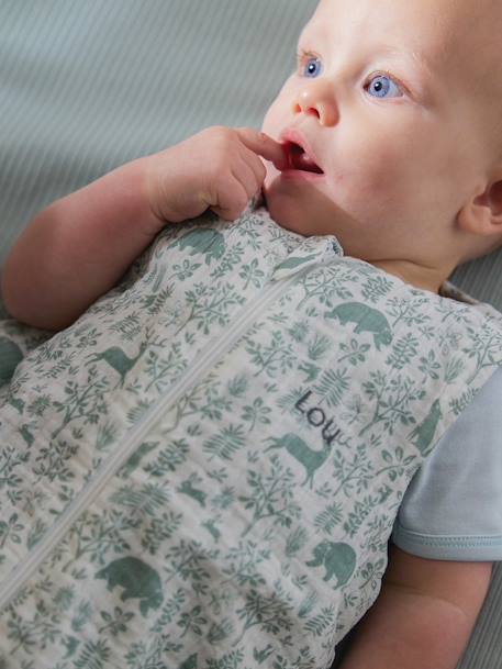 Sleeveless Baby Sleeping Bag with Middle Opening, In the Woods printed green 