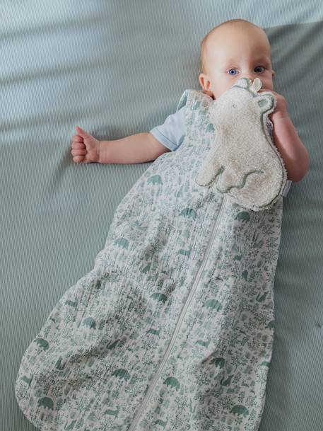 Sleeveless Baby Sleeping Bag with Middle Opening, In the Woods old rose+printed green 
