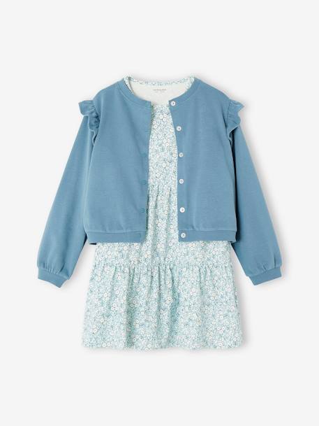 Dress & Jacket Combo for Girls denim blue+emerald green+peach 