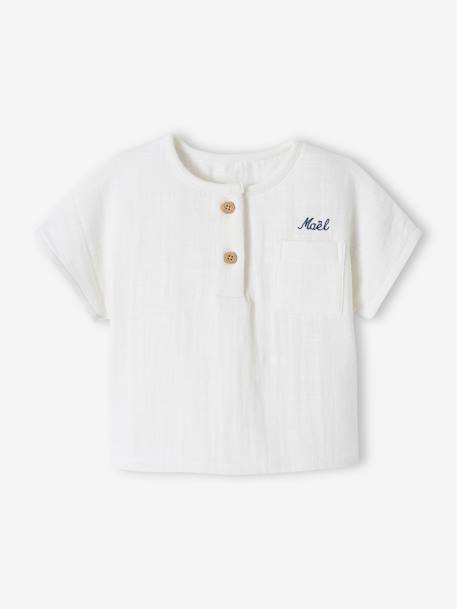 Grandad-Style T-Shirt in Cotton Gauze for Newborns ecru 