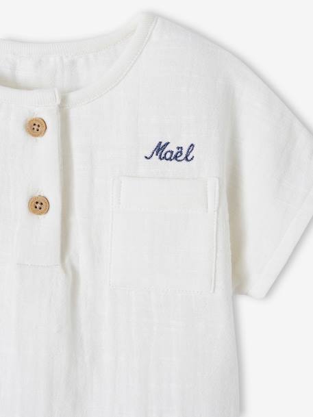 Grandad-Style T-Shirt in Cotton Gauze for Newborns ecru 