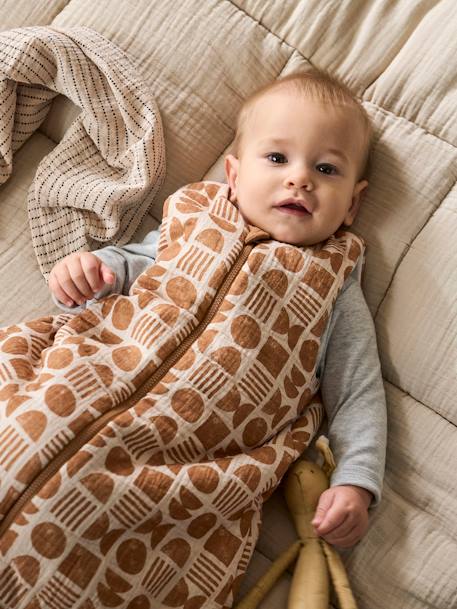 Reversible Sleeveless Baby Sleeping Bag with Central Opening, Ethnic printed beige 