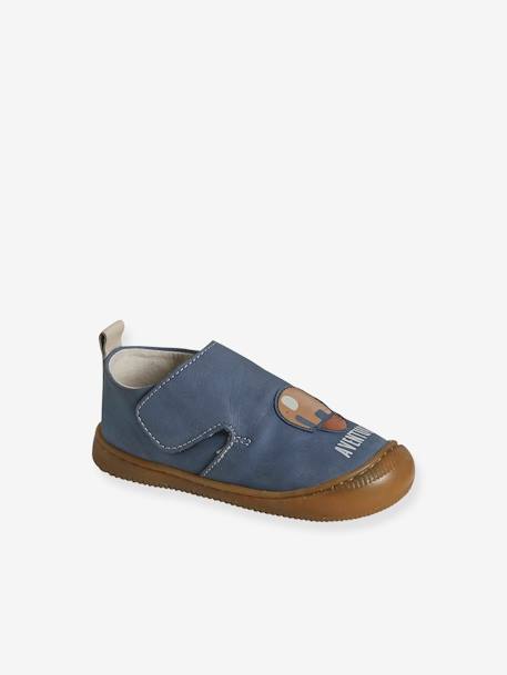 Indoor Shoes in Smooth Leather with Hook-&-Loop Strap, for Babies indigo 