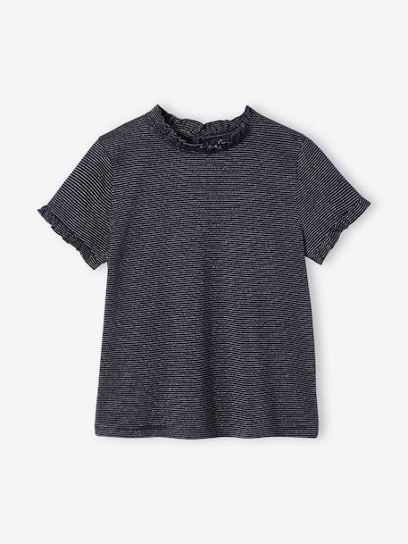 T-Shirt with Shiny Stripes for Girls ecru+navy blue 