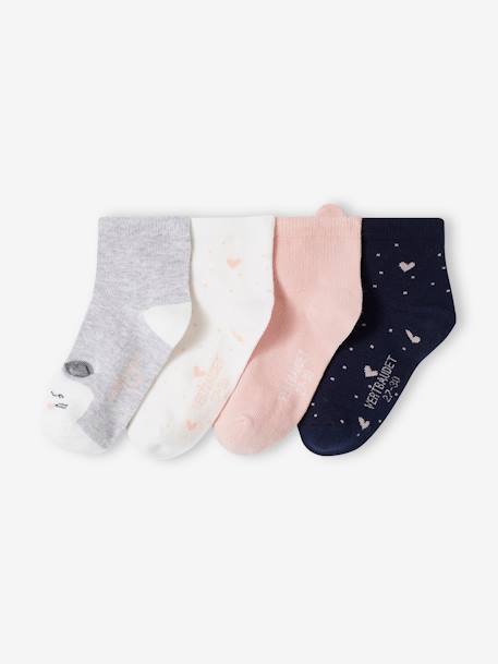 Pack of 4 Pairs of Cat & Hearts Socks for Girls rose 