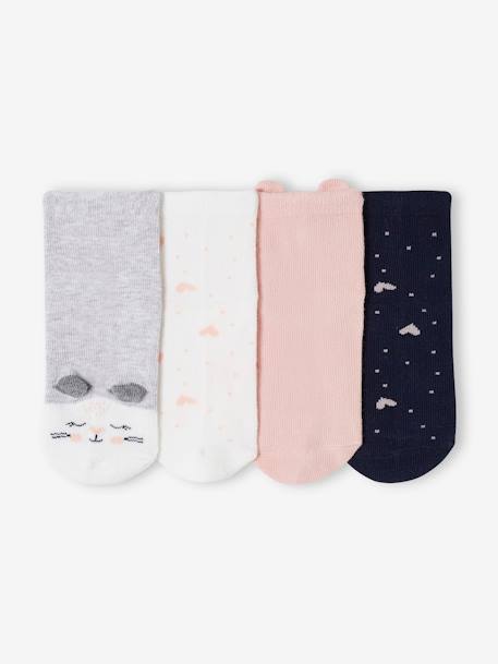 Pack of 4 Pairs of Cat & Hearts Socks for Girls rose 