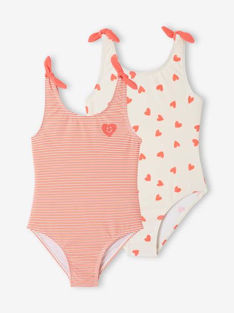 Set of 2 Hearts Swimsuits for Girls coral 