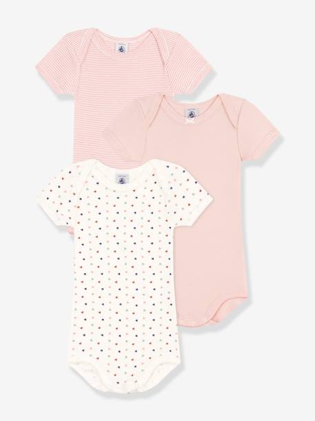 Pack of 3 Short Sleeve Bodysuits with Mini Hearts, by PETIT BATEAU old rose 