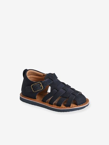 Closed Leather Sandals with Buckle for Babies brown+navy blue 