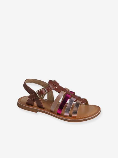 Leather Sandals with Straps, for Girls caramel+Light Brown+multicoloured+set brown 