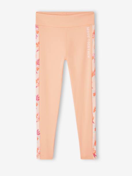 Sports Leggings in Techno Fabric with Flower Motifs on Side Stripes for Girls coral 