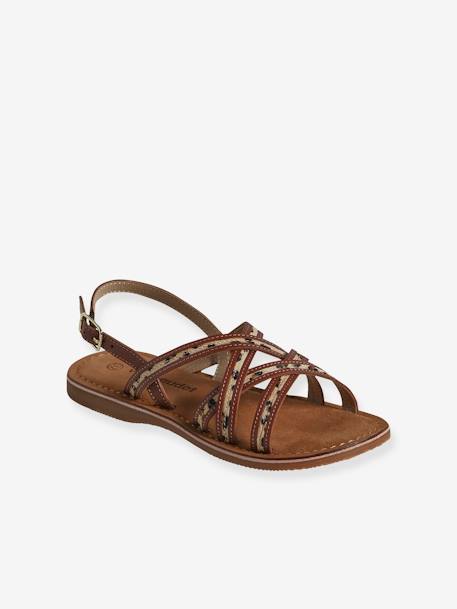 Junior Leather Sandals with Crossover Straps printed brown 